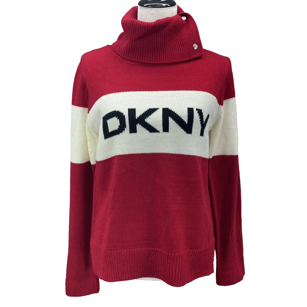DKNY Womens SM Red White Logo Knit Turtle Neck Sweater Preppy Holiday